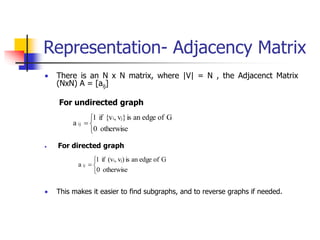 Representation- Adjacency Matrix
 There is an N x N matrix, where |V| = N , the Adjacenct Matrix
(NxN) A = [aij]
For undirected graph
 For directed graph
 This makes it easier to find subgraphs, and to reverse graphs if needed.




otherwise
0
G
of
edge
an
is
)
v
,
(v
if
1
a
j
i
ij




otherwise
0
G
of
edge
an
is
}
v
,
{v
if
1
a
j
i
ij
 