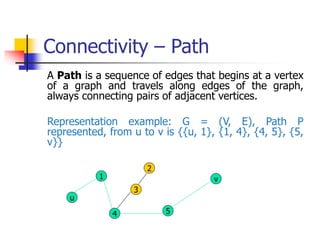Connectivity – Path
A Path is a sequence of edges that begins at a vertex
of a graph and travels along edges of the graph,
always connecting pairs of adjacent vertices.
Representation example: G = (V, E), Path P
represented, from u to v is {{u, 1}, {1, 4}, {4, 5}, {5,
v}}
1
u
3
4 5
2
v
 
