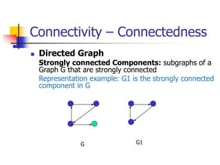 Connectivity – Connectedness
 Directed Graph
Strongly connected Components: subgraphs of a
Graph G that are strongly connected
Representation example: G1 is the strongly connected
component in G
G1
G
 