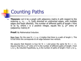 Counting Paths
 Theorem: Let G be a graph with adjacency matrix A with respect to the
ordering v1, v2, …, Vn (with directed on undirected edges, with multiple
edges and loops allowed). The number of different paths of length r from
Vi to Vj, where r is a positive integer, equals the (i, j)th entry of
(adjacency matrix) Ar.
Proof: By Mathematical Induction.
Base Case: For the case N = 1, aij =1 implies that there is a path of length 1. This
is true since this corresponds to an edge between two vertices.
We assume that theorem is true for N = r and prove the same for N = r +1.
Assume that the (i, j)th entry of Ar is the number of different paths of length r from
vi to vj. By induction hypothesis, bik is the number of paths of length r from vi to vk.
 