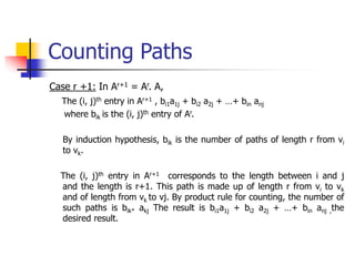 Counting Paths
Case r +1: In Ar+1 = Ar. A,
The (i, j)th entry in Ar+1 , bi1a1j + bi2 a2j + …+ bin anj
where bik is the (i, j)th entry of Ar.
By induction hypothesis, bik is the number of paths of length r from vi
to vk.
The (i, j)th entry in Ar+1 corresponds to the length between i and j
and the length is r+1. This path is made up of length r from vi to vk
and of length from vk to vj. By product rule for counting, the number of
such paths is bik* akj The result is bi1a1j + bi2 a2j + …+ bin anj ,the
desired result.
 