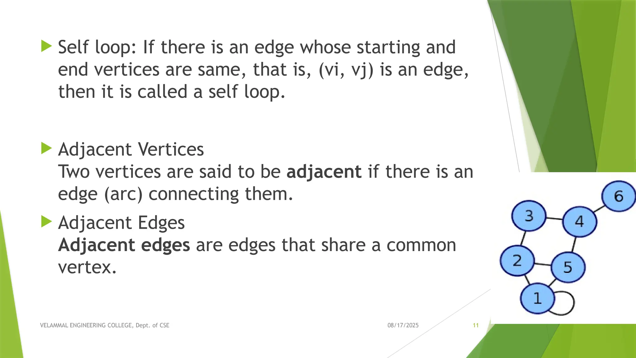 08/17/2025 VELAMMAL ENGINEERING COLLEGE, Dept. of CSE 11  Self loop: If there is an edge whose starting and end vertices are same, that is, (vi, vj) is an edge, then it is called a self loop.  Adjacent Vertices Two vertices are said to be adjacent if there is an edge (arc) connecting them.  Adjacent Edges Adjacent edges are edges that share a common vertex. 