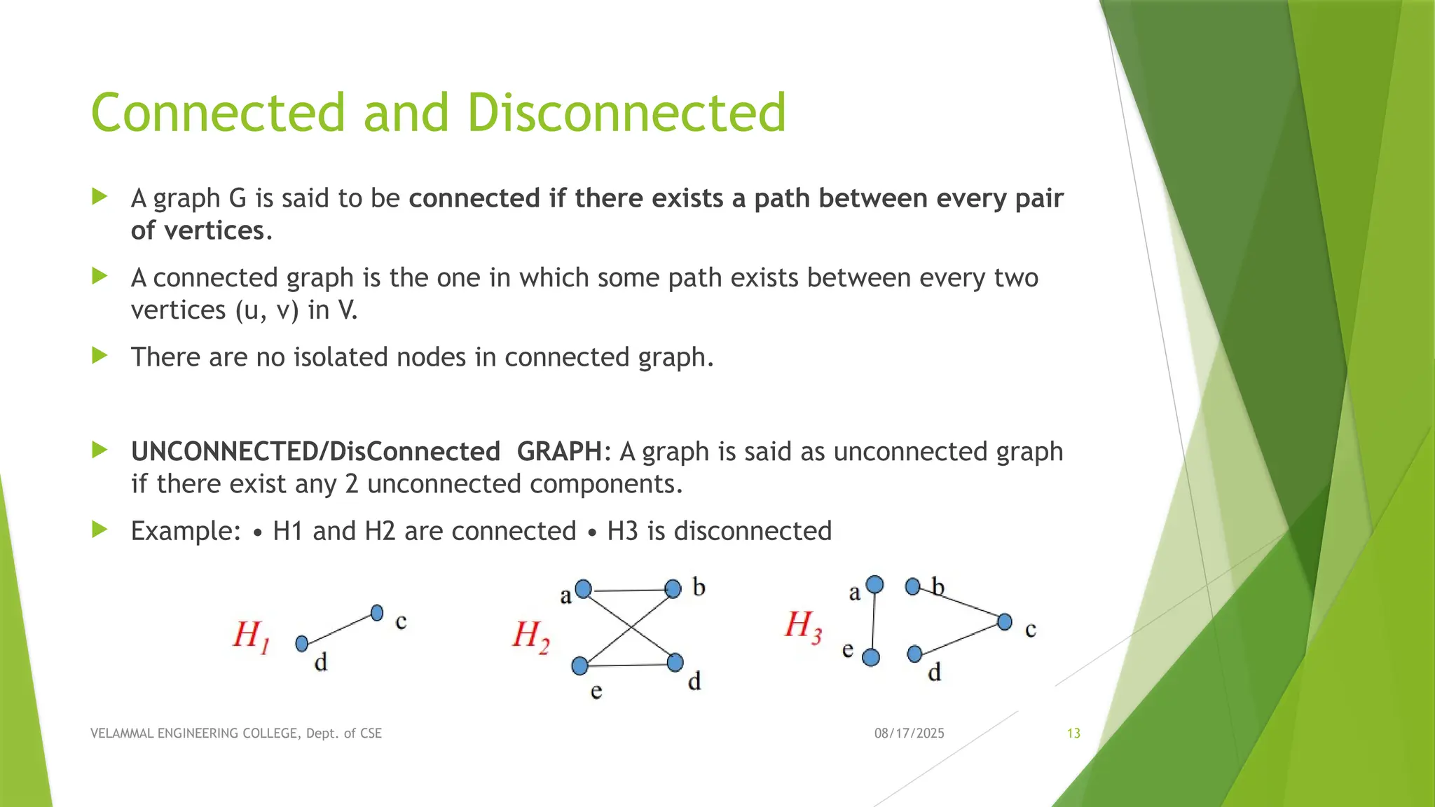 08/17/2025 VELAMMAL ENGINEERING COLLEGE, Dept. of CSE 13 Connected and Disconnected  A graph G is said to be connected if there exists a path between every pair of vertices.  A connected graph is the one in which some path exists between every two vertices (u, v) in V.  There are no isolated nodes in connected graph.  UNCONNECTED/DisConnected GRAPH: A graph is said as unconnected graph if there exist any 2 unconnected components.  Example: • H1 and H2 are connected • H3 is disconnected 