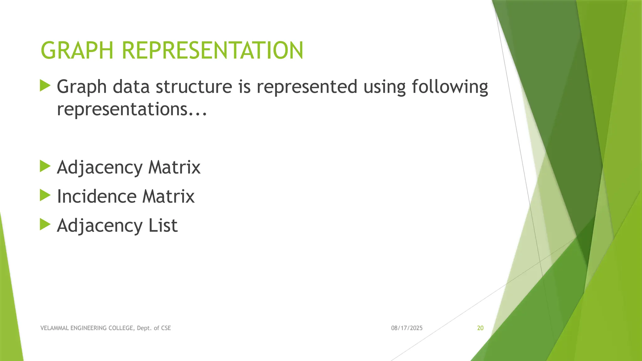 08/17/2025 VELAMMAL ENGINEERING COLLEGE, Dept. of CSE 20 GRAPH REPRESENTATION  Graph data structure is represented using following representations...  Adjacency Matrix  Incidence Matrix  Adjacency List 