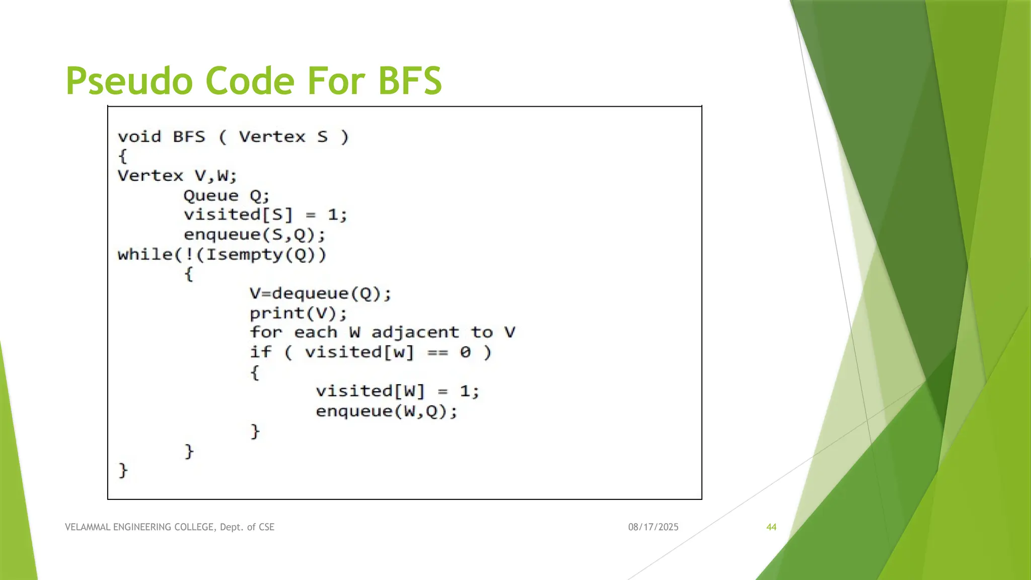 08/17/2025 VELAMMAL ENGINEERING COLLEGE, Dept. of CSE 44 Pseudo Code For BFS 