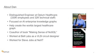  
About Dan
4
• Distinguished Engineer at Optum Healthcare
(330K employees and 32K technical staff)
• Focused on AI enterprise knowledge graphs
• Help create the worlds largest healthcare
graph
• Coauthor of book "Making Sense of NoSQL”
• Worked at Bell Labs as a VLSI circuit designer
• Worked for Steve Jobs at NeXT
 