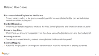  
Related Use Cases
42
Recommendation Engines for Healthcare
• For any person calling in for a recommended provider or senior living facility, can we find similar
recommendations in the past?
Incident Reporting
• When trouble ticket is reported, what are the most similar problems and what were their solutions?
Errors in Log Files
• When there are are error messages in log files, how can we find similar errors and their solutions?
Learning Content
• Can we recommend learning content for employees that have similar goals?
Schema Mapping
• Automate the process of creating data transformation maps for new data to existing schemas
 