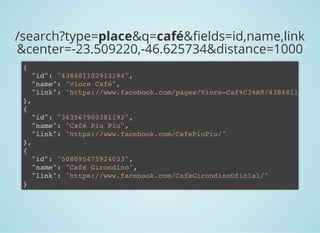 /search?type=place&q=café& elds=id,name,link
&center=-23.509220,-46.625734&distance=1000
{
"id": "438481102913194",
"name": "Viore Café",
"link": "https://www.facebook.com/pages/Viore-Caf%C3%A9/4384811
},
{
"id": "363567900381192",
"name": "Café Piu Piu",
"link": "https://www.facebook.com/CafePiuPiu/"
},
{
"id": "508095475924033",
"name": "Café Girondino",
"link": "https://www.facebook.com/CafeGirondinoOficial/"
}
 