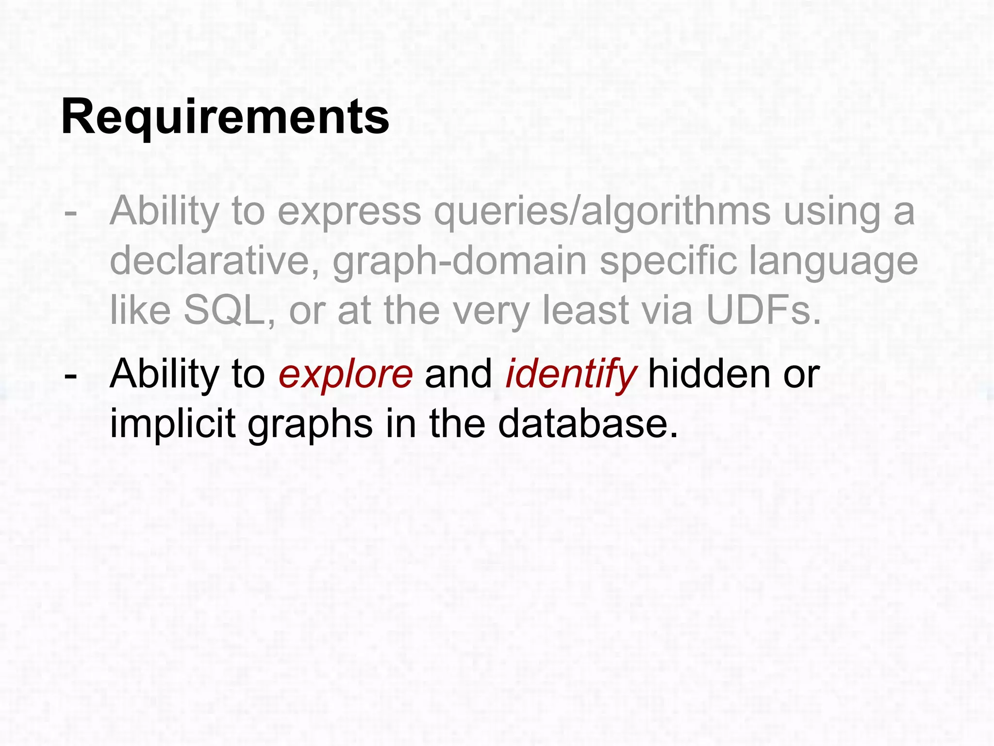 Requirements
- Ability to express queries/algorithms using a
declarative, graph-domain specific language
like SQL, or at the very least via UDFs.
- Ability to explore and identify hidden or
implicit graphs in the database.
 