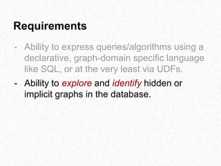 Requirements
- Ability to express queries/algorithms using a
declarative, graph-domain specific language
like SQL, or at the very least via UDFs.
- Ability to explore and identify hidden or
implicit graphs in the database.
 