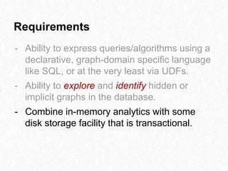 Requirements
- Ability to express queries/algorithms using a
declarative, graph-domain specific language
like SQL, or at the very least via UDFs.
- Ability to explore and identify hidden or
implicit graphs in the database.
- Combine in-memory analytics with some
disk storage facility that is transactional.
 
