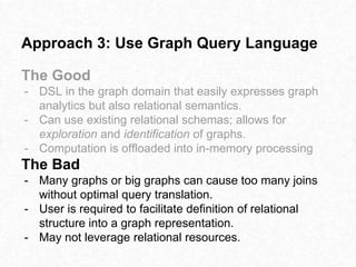 Approach 3: Use Graph Query Language
The Good
- DSL in the graph domain that easily expresses graph
analytics but also relational semantics.
- Can use existing relational schemas; allows for
exploration and identification of graphs.
- Computation is offloaded into in-memory processing
The Bad
- Many graphs or big graphs can cause too many joins
without optimal query translation.
- User is required to facilitate definition of relational
structure into a graph representation.
- May not leverage relational resources.
 