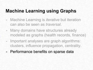 Machine Learning using Graphs
- Machine Learning is iterative but iteration
can also be seen as traversal.
- Many domains have structures already
modeled as graphs (health records, finance)
- Important analyses are graph algorithms:
clusters, influence propagation, centrality.
- Performance benefits on sparse data
 
