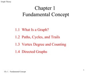 Graph Theory
Ch. 1. Fundamental Concept
1
Chapter 1
Fundamental Concept
1.1 What Is a Graph?
1.2 Paths, Cycles, and Trails
1.3 Vertex Degree and Counting
1.4 Directed Graphs
 