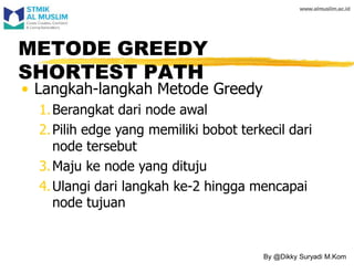 METODE GREEDY
SHORTEST PATH
• Langkah-langkah Metode Greedy
1.Berangkat dari node awal
2.Pilih edge yang memiliki bobot terkecil dari
node tersebut
3.Maju ke node yang dituju
4.Ulangi dari langkah ke-2 hingga mencapai
node tujuan
By @Dikky Suryadi M.Kom
 
