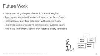 Future Work
7REACTIVE DATABASES FOR BIGDATA APPLICATIONS/HUMBERTO RODRIGUEZ AVILA
- Implement of garbage collector in the rule engine
- Apply query optimisations techniques to the Rete-Graph
- Integration of our Riak extension with Apache Spark
- Implementation of reactive constructs for Apache Spark
- Finish the implementation of our reactive-query language
Garbage
collector
Apache
Spark
…
reactive
constr…
Query
optimi…
 