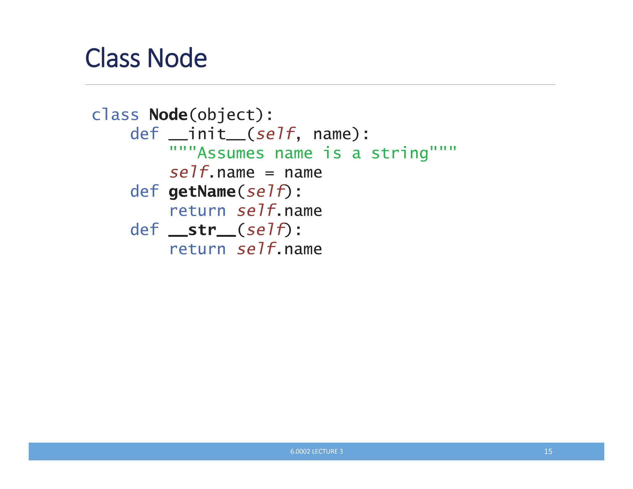 #
class Node(object):
def __init__(self, name):
Assumes name is a string
self.name = name
def getName(self):
return self.name
def __str__(self):
return self.name
QKKKM N LP
 