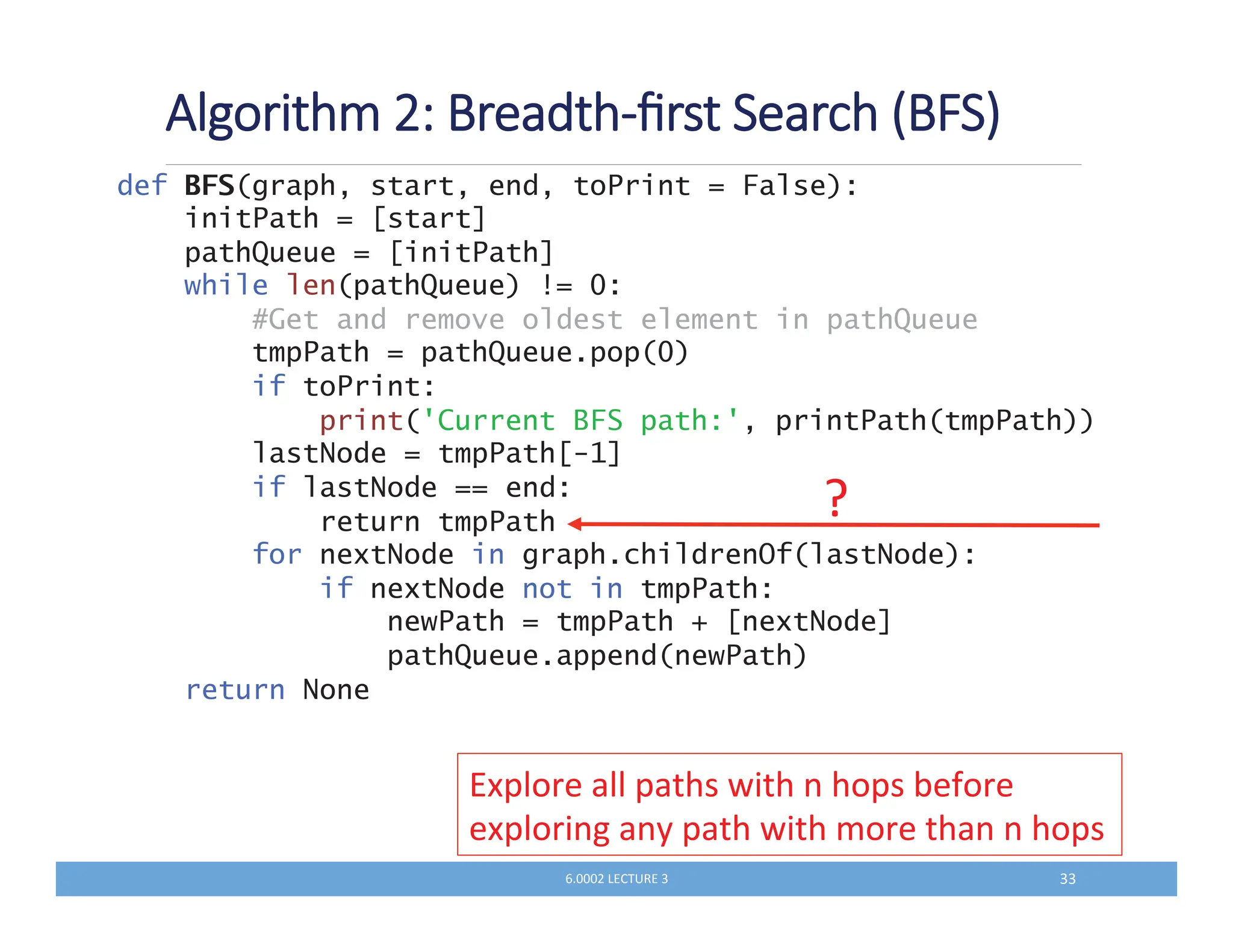 #%'!:4%'6%'%78
def BFS(graph, start, end, toPrint = False):
initPath = [start]
pathQueue = [initPath]
while len(pathQueue) != 0:
#Get and remove oldest element in pathQueue
tmpPath = pathQueue.pop(0)
if toPrint:
print('Current BFS path:', printPath(tmpPath))
lastNode = tmpPath[-1]
if lastNode == end:
return tmpPath
for nextNode in graph.childrenOf(lastNode):
if nextNode not in tmpPath:
newPath = tmpPath + [nextNode]
pathQueue.append(newPath)
return None
QKKKM N NN
;
6,'*.'',0#/5$0#)#*,/*.
6,'*.$))7,0#5$0#(*.0#))#*,/
 