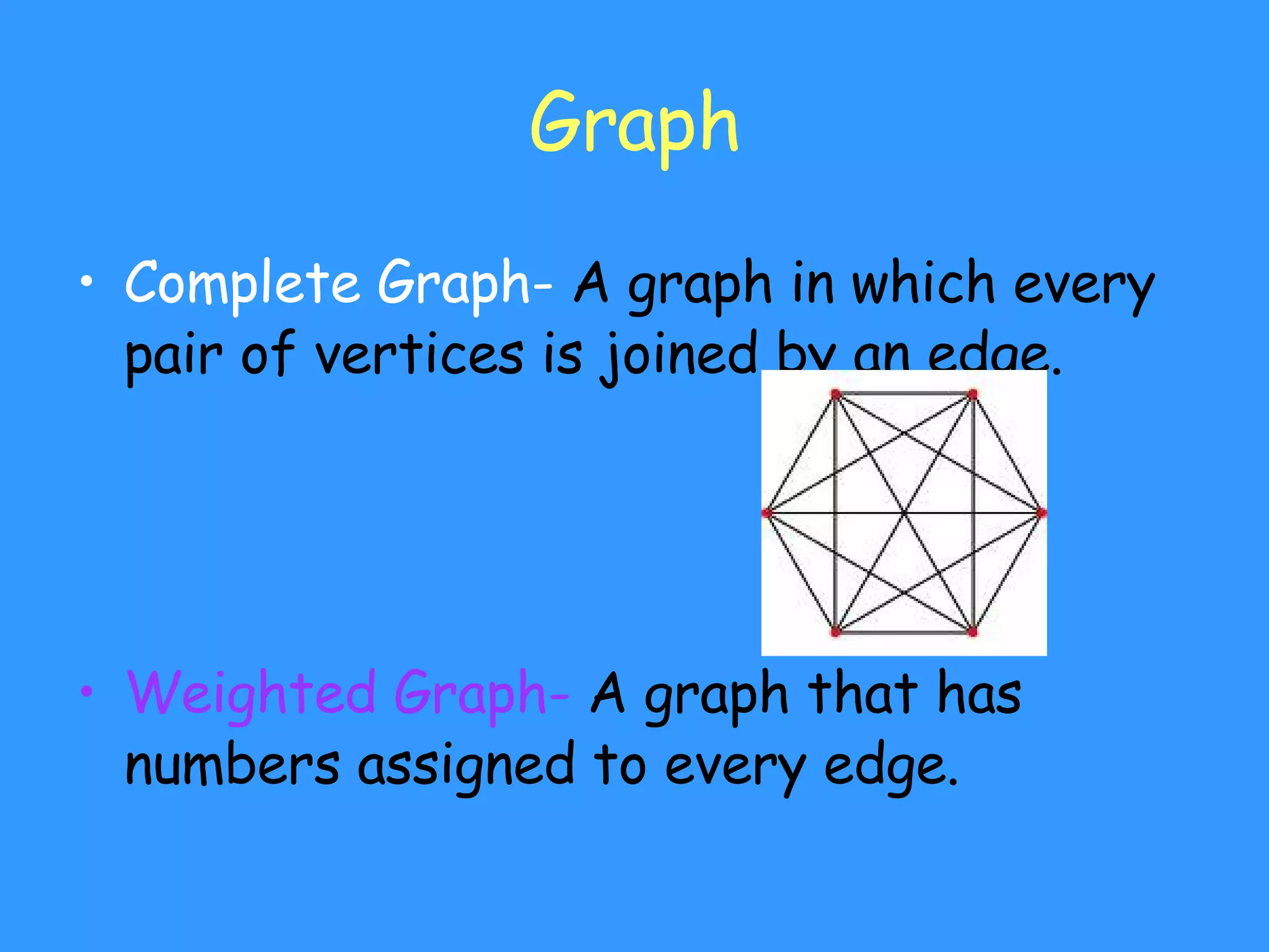 Graph Complete Graph-  A graph in which every pair of vertices is joined by an edge. Weighted Graph-  A graph that has numbers assigned to every edge.  