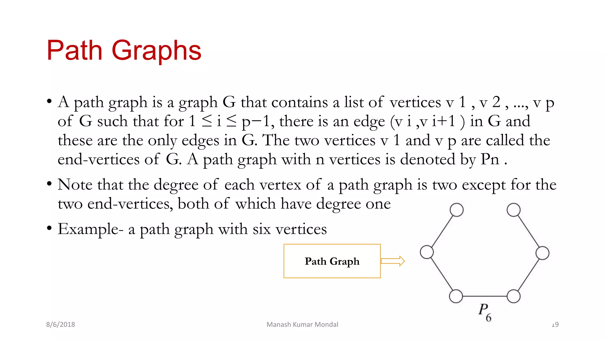 Path Graphs
• A path graph is a graph G that contains a list of vertices v 1 , v 2 , ..., v p
of G such that for 1 ≤ i ≤ p−1, there is an edge (v i ,v i+1 ) in G and
these are the only edges in G. The two vertices v 1 and v p are called the
end-vertices of G. A path graph with n vertices is denoted by Pn .
• Note that the degree of each vertex of a path graph is two except for the
two end-vertices, both of which have degree one
• Example- a path graph with six vertices
8/6/2018 Manash Kumar Mondal 19
Path Graph
 