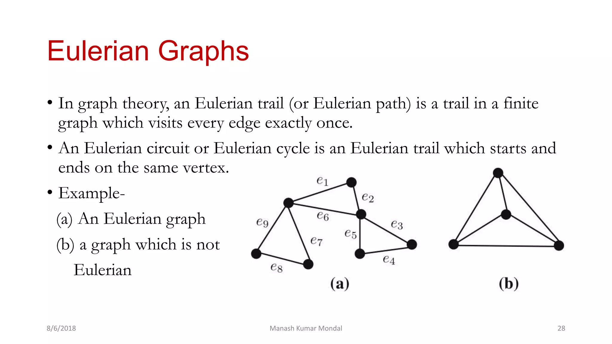 Eulerian Graphs
• In graph theory, an Eulerian trail (or Eulerian path) is a trail in a finite
graph which visits every edge exactly once.
• An Eulerian circuit or Eulerian cycle is an Eulerian trail which starts and
ends on the same vertex.
• Example-
(a) An Eulerian graph
(b) a graph which is not
Eulerian
8/6/2018 Manash Kumar Mondal 28
 
