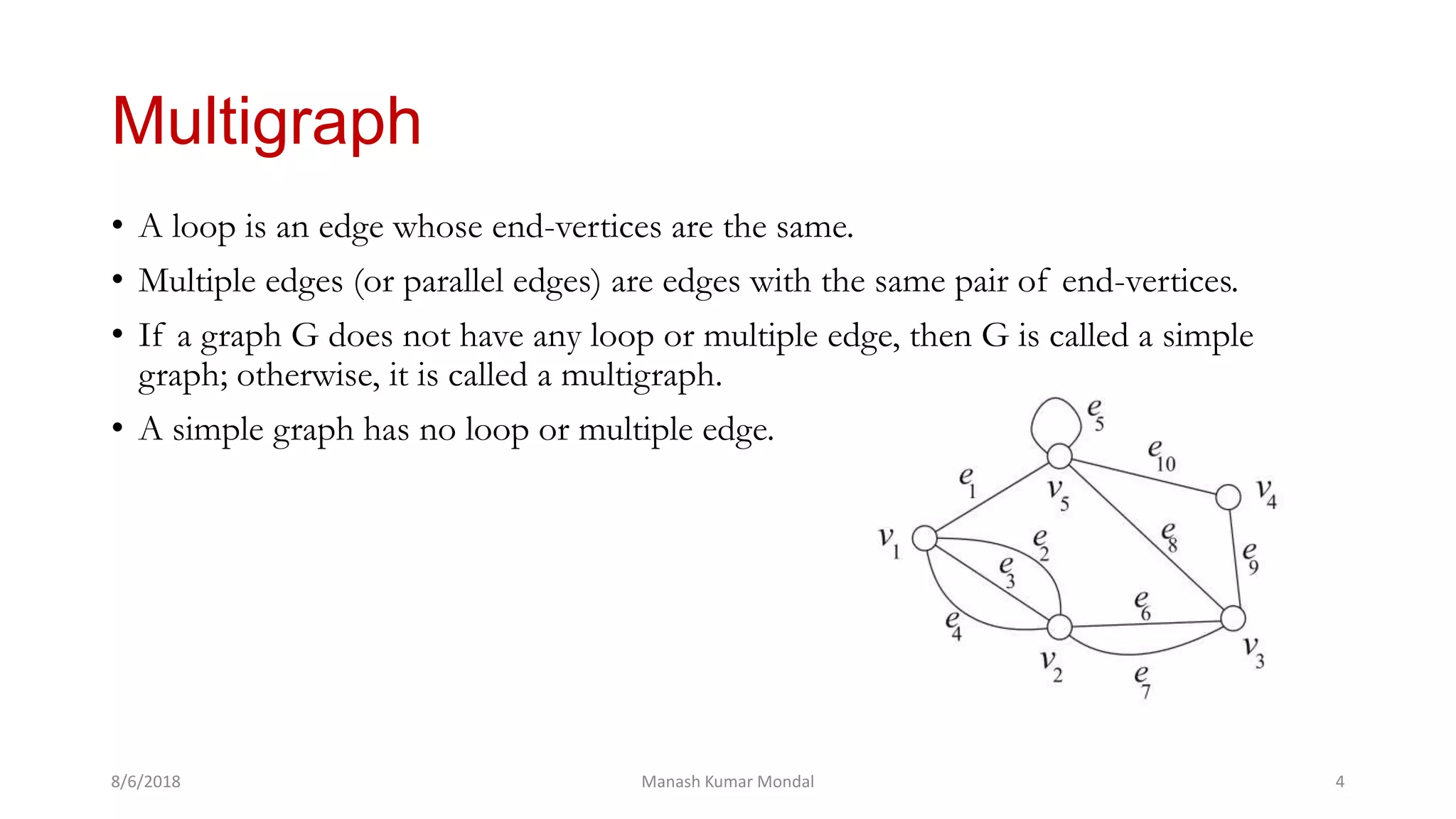 Multigraph
• A loop is an edge whose end-vertices are the same.
• Multiple edges (or parallel edges) are edges with the same pair of end-vertices.
• If a graph G does not have any loop or multiple edge, then G is called a simple
graph; otherwise, it is called a multigraph.
• A simple graph has no loop or multiple edge.
8/6/2018 Manash Kumar Mondal 4
 