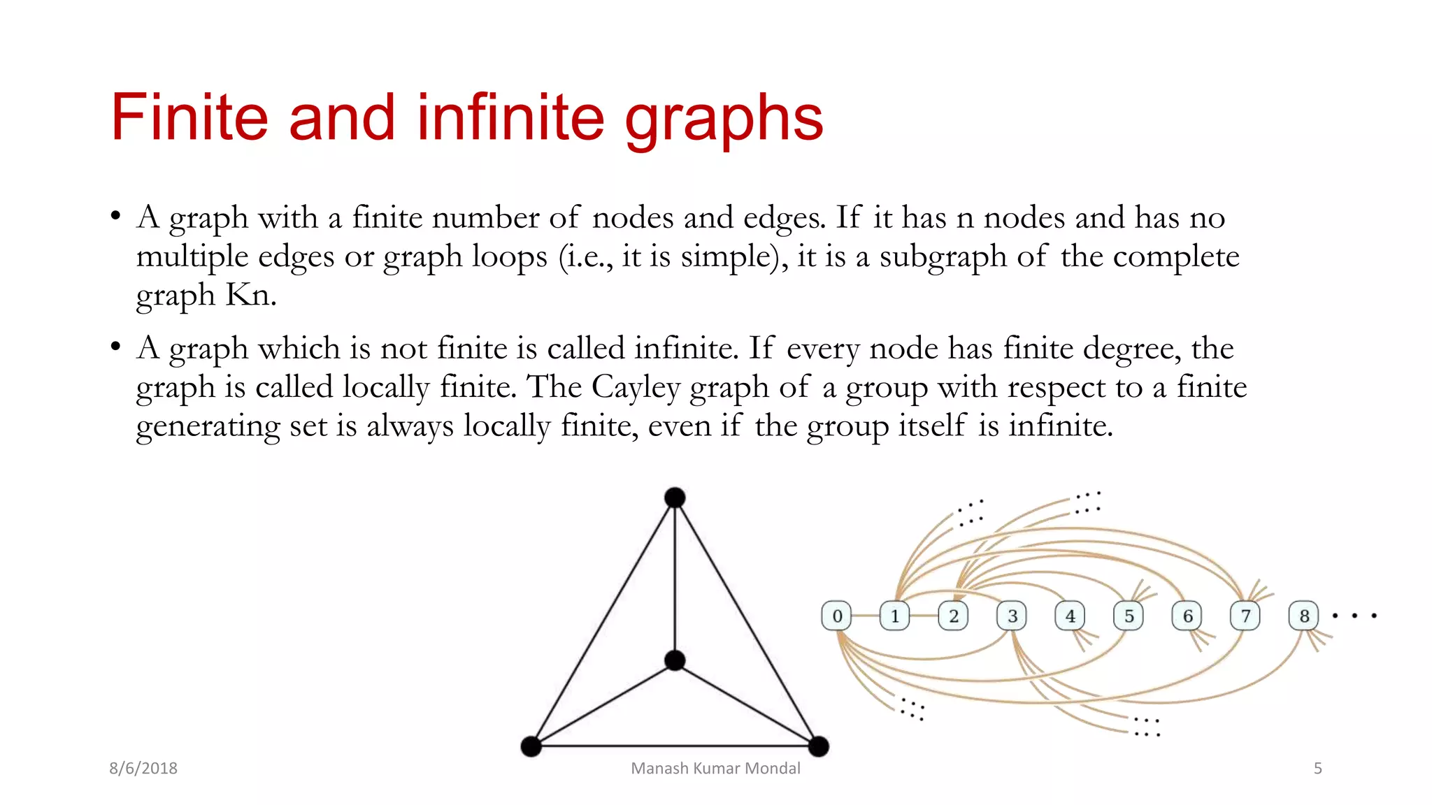 • A graph with a finite number of nodes and edges. If it has n nodes and has no
multiple edges or graph loops (i.e., it is simple), it is a subgraph of the complete
graph Kn.
• A graph which is not finite is called infinite. If every node has finite degree, the
graph is called locally finite. The Cayley graph of a group with respect to a finite
generating set is always locally finite, even if the group itself is infinite.
8/6/2018 Manash Kumar Mondal 5
Finite and infinite graphs
 