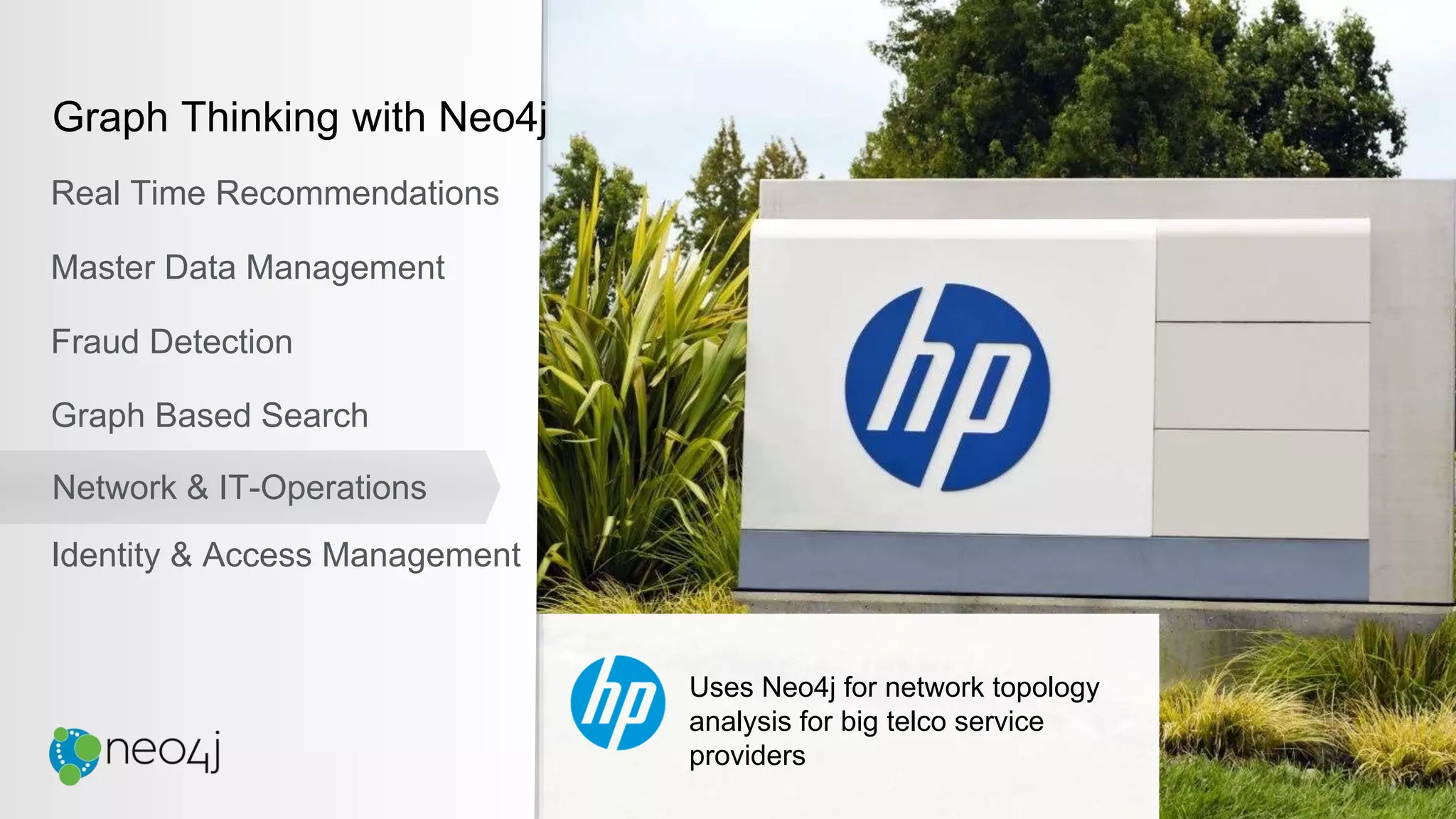 Uses Neo4j for network topology
analysis for big telco service
providers
Graph Thinking with Neo4j
Real Time Recommendations
Master Data Management
Fraud Detection
Identity & Access Management
Graph Based Search
Network & IT-Operations
 