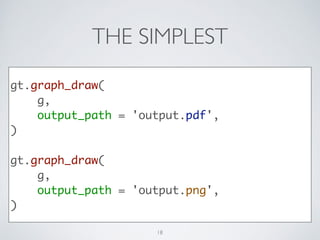 THE SIMPLEST
gt.graph_draw(	
g,	
output_path = 'output.pdf',	
)	
!
gt.graph_draw(	
g,	
output_path = 'output.png',	
)
18
 