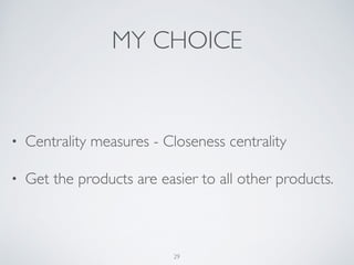 CENTRALITY MEASURES
• Degree centrality	

• the number of links incident upon a node	

• the immediate risk of taking a node out
• Closeness centrality	

• sum of a node's distances to all other nodes	

• the cost to spread information to all other nodes
29
 