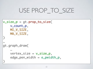 USE PROP_TO_SIZE
v_size_p = gt.prop_to_size(	
v_count_p,	
MI_V_SIZE,	
MA_V_SIZE,	
)	
…	
gt.graph_draw(	
…	
vertex_size = v...