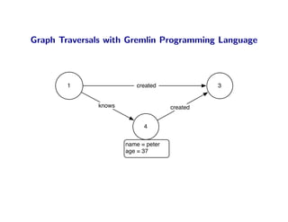 Graph Traversals with Gremlin Programming Language



        1                created               3


              knows                  created


                            4


                      name = peter
                      age = 37
 