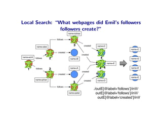 Local Search: “What webpages did Emil’s followers
               followers create?”
                                        name=tobias

                             follows


             name=alex
                                            3           created     name=C
                                                                                         name=C
                              created
                                                      created
name=emil                                                              4
            follows      2               name=B                                          name=D

                                                                             name=E

    1       follows      2               name=A                        4 4               name=E
                                                      created
                              created                              4
                                                                                         name=E
            name=johan                                  created     name=D
                                            3
                             follows
                                                                  ./outE[@label=ʻfollowsʼ]/inV/
                                        name=peter                  outE[@label=ʻfollowsʼ]/inV/
                                                                     outE[@label=ʻcreatedʼ]/inV
 