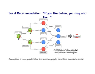 Local Recommendation: “If you like Johan, you may also
                      like...”
                                               name=tobias

                                    follows


                    name=alex                                  created      name=C


                                     created
                                                             created
       name=emil   follows      3               name=B

                                                                                     name=E      name=alex

           2       follows      1               name=A
                                                             created
                                     created

                   name=johan                                  created      name=D


                                    follows
                                                                         ./inV[@label='follows']/outV/
                                               name=peter                  outE[@label='follows']/inV


Assumption: if many people follow the same two people, then those two may be similar.
 