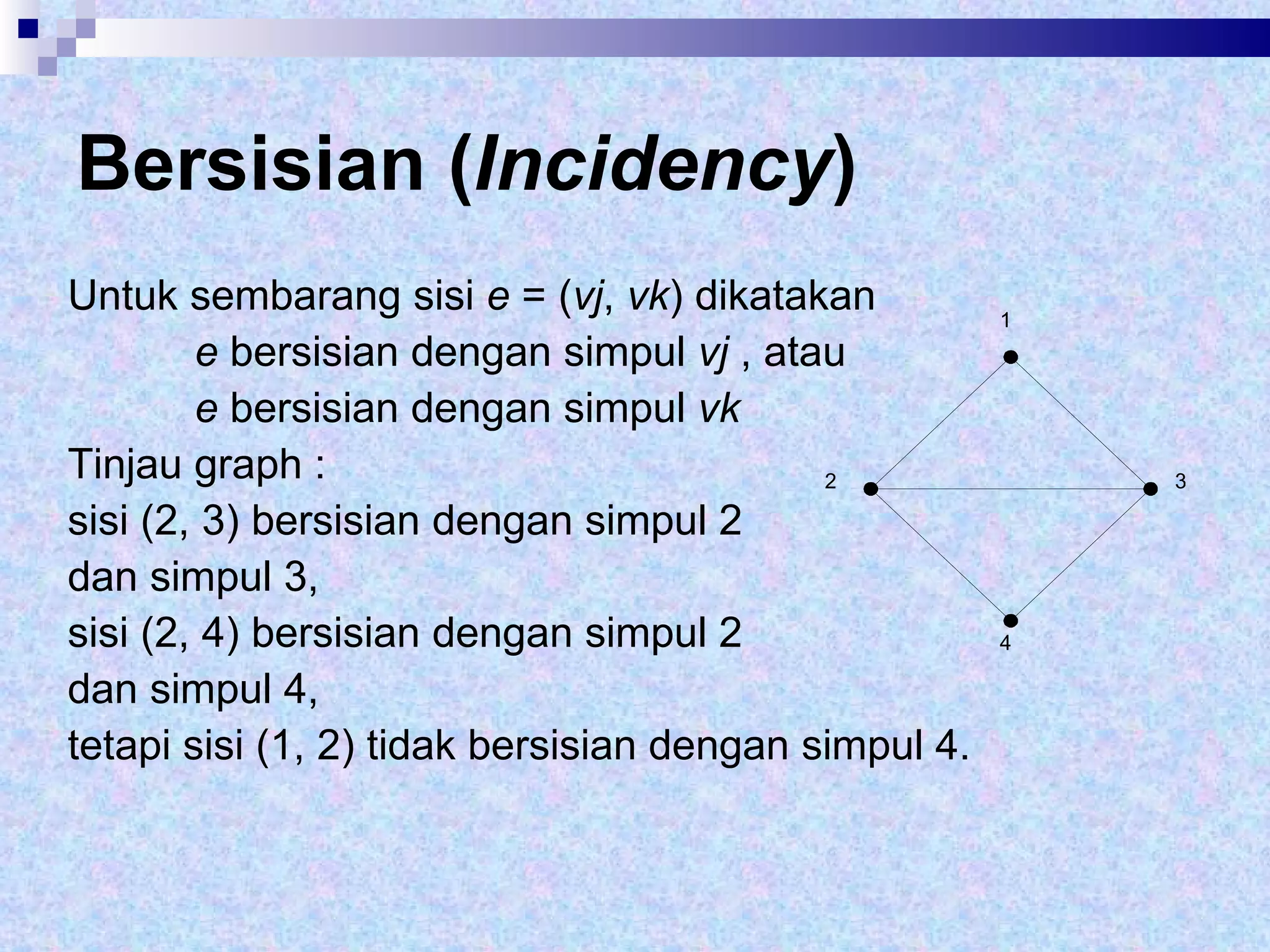 Bersisian ( Incidency ) Untuk sembarang sisi  e  = ( vj ,  vk ) dikatakan e  bersisian dengan simpul  vj  , atau e  bersisian dengan simpul  vk Tinjau graph :  sisi (2, 3) bersisian dengan simpul 2  dan simpul 3,  sisi (2, 4) bersisian dengan simpul 2  dan simpul 4,  tetapi sisi (1, 2) tidak bersisian dengan simpul 4. 1 2 3 4 