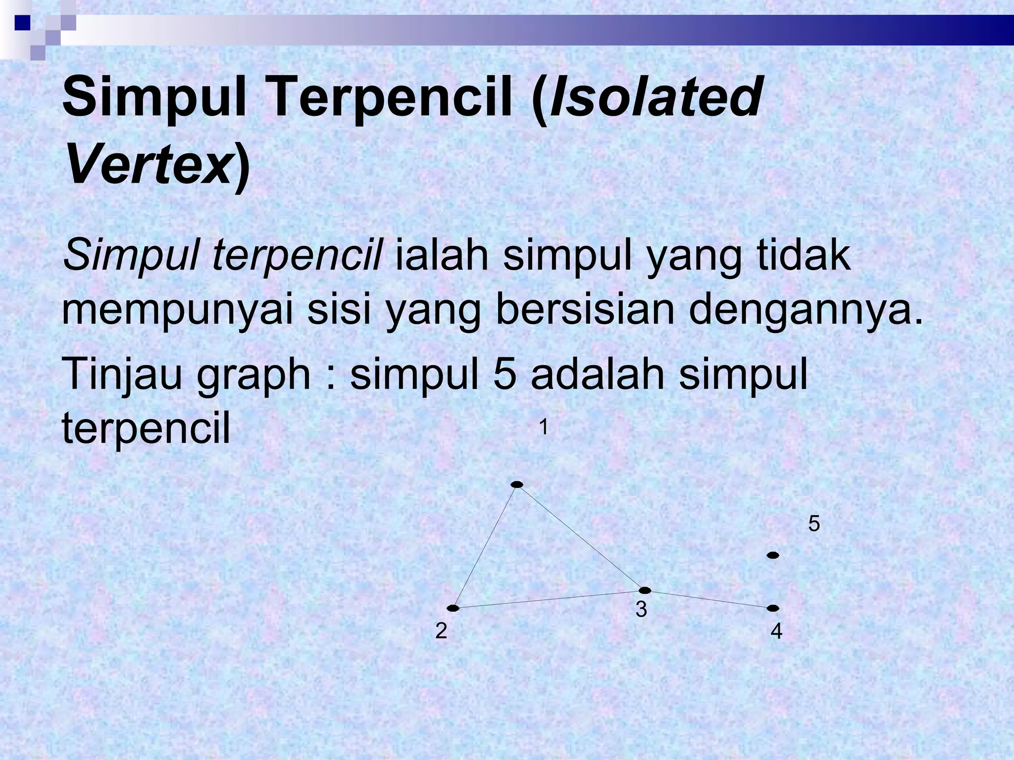 Simpul Terpencil ( Isolated Vertex ) Simpul terpencil  ialah simpul yang tidak mempunyai sisi yang bersisian dengannya.  Tinjau graph : simpul 5 adalah simpul terpencil  1 2 3 4 5 