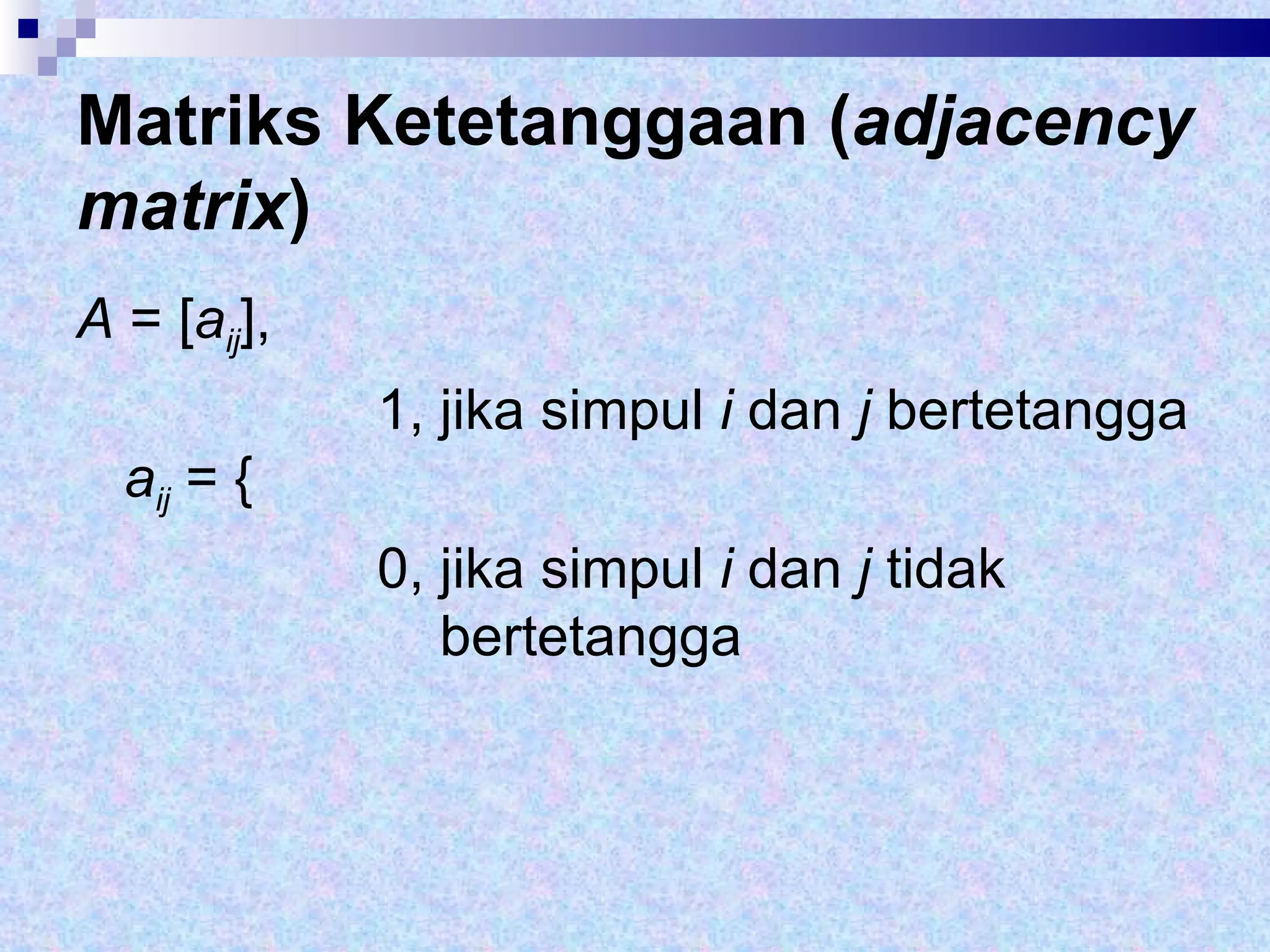 Matriks Ketetanggaan ( adjacency matrix ) A  = [ a ij ],    1, jika simpul  i  dan  j  bertetangga a ij   = {   0, jika simpul  i  dan  j  tidak    bertetangga 