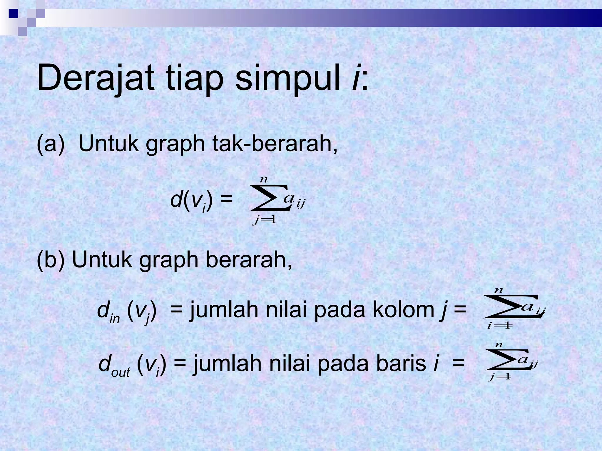 Derajat tiap simpul  i : (a)  Untuk graph tak-berarah,    d ( v i ) =  (b) Untuk graph berarah,   d in   ( v j )  = jumlah nilai pada kolom  j  =      d out   ( v i ) = jumlah nilai pada baris  i   =  
