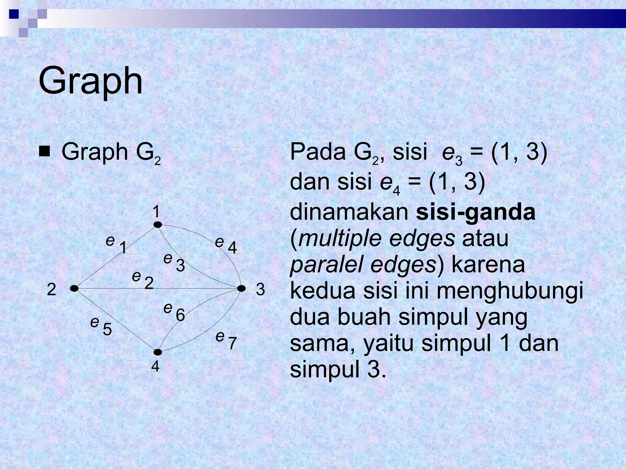 Graph Graph G 2 Pada G 2 , sisi  e 3  = (1, 3) dan sisi  e 4  = (1, 3) dinamakan  sisi-ganda  ( multiple edges  atau  paralel edges ) karena kedua sisi ini menghubungi dua buah simpul yang sama, yaitu simpul 1 dan simpul 3.  4 1 2 3 e 1 e 2 e 3 e 4 e 5 e 6 e 7 