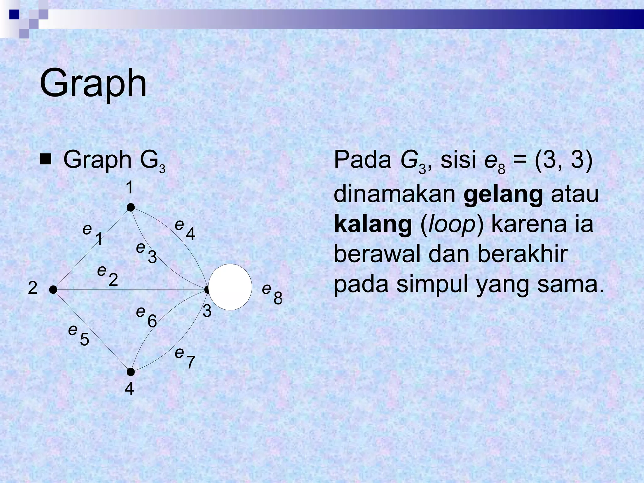 Graph Graph G 3 Pada  G 3 , sisi  e 8  = (3, 3) dinamakan  gelang  atau  kalang  ( loop ) karena ia berawal dan berakhir pada simpul yang sama.  1 2 4 3 e 1 e 2 e 3 e 4 e 5 e 6 e 7 e 8 