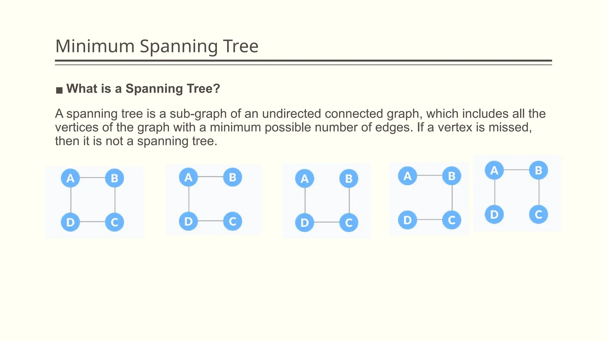 Minimum Spanning Tree
▪ What is a Spanning Tree?
A spanning tree is a sub-graph of an undirected connected graph, which includes all the
vertices of the graph with a minimum possible number of edges. If a vertex is missed,
then it is not a spanning tree.
 