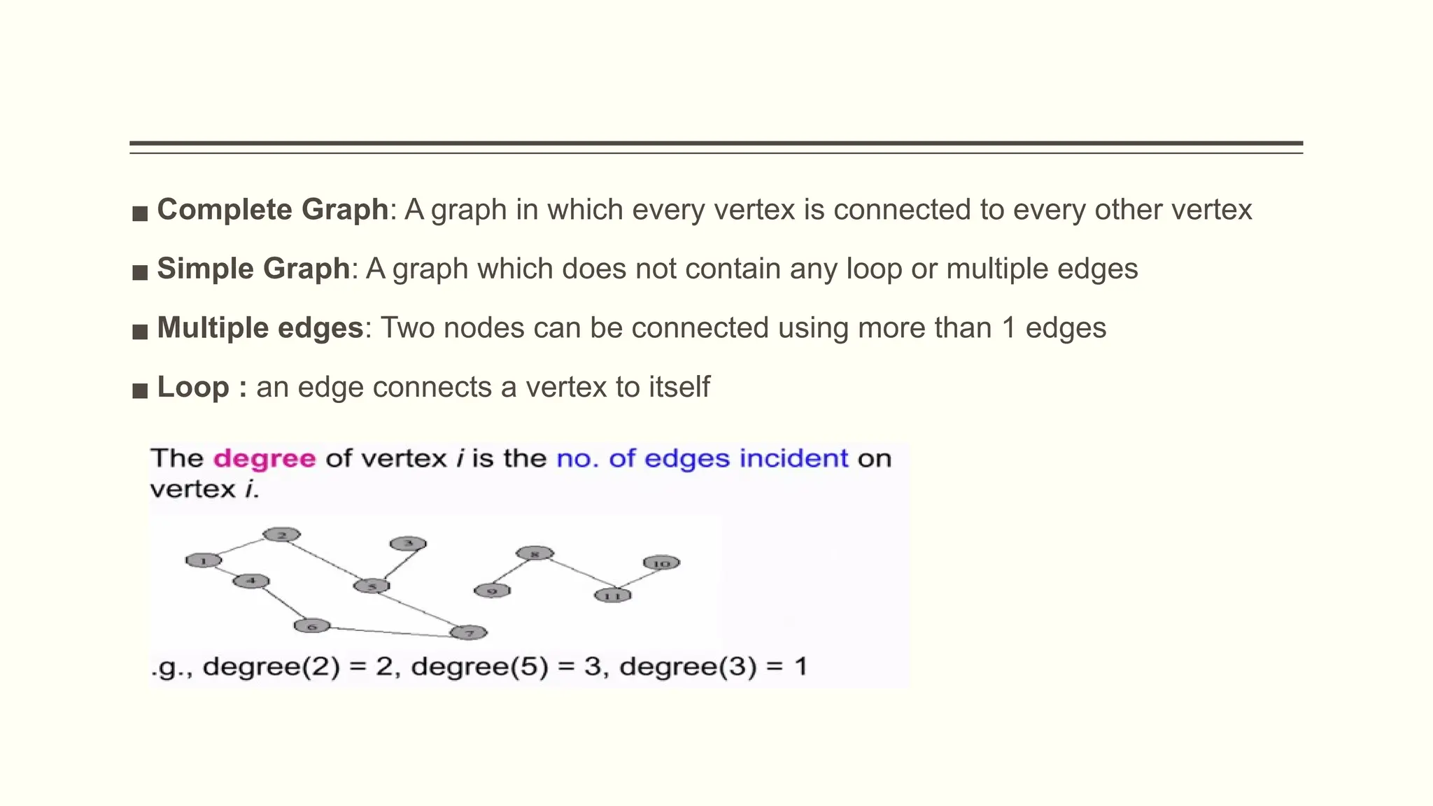 ▪ Complete Graph: A graph in which every vertex is connected to every other vertex
▪ Simple Graph: A graph which does not contain any loop or multiple edges
▪ Multiple edges: Two nodes can be connected using more than 1 edges
▪ Loop : an edge connects a vertex to itself
 