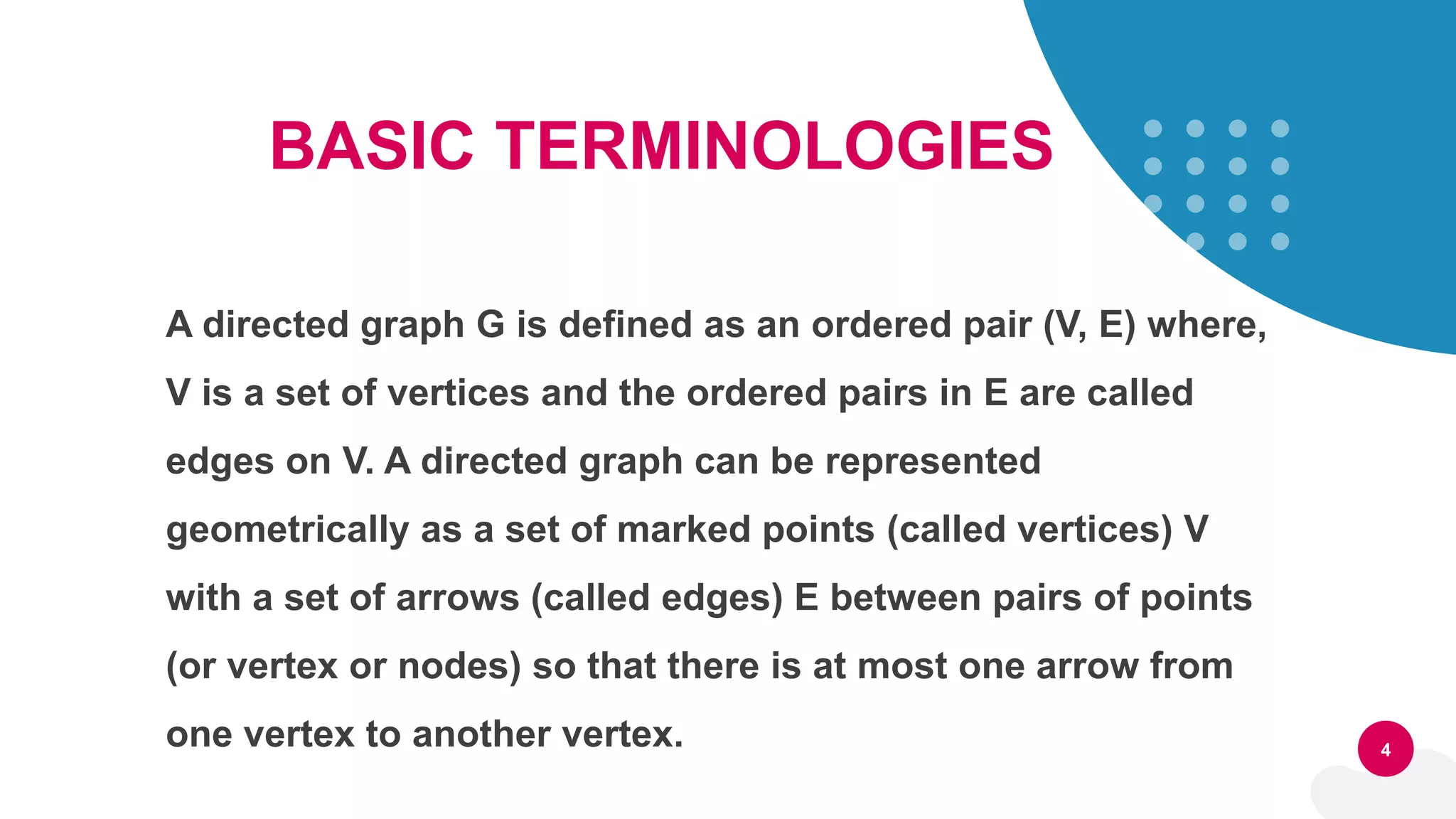 4
A directed graph G is defined as an ordered pair (V, E) where,
V is a set of vertices and the ordered pairs in E are called
edges on V. A directed graph can be represented
geometrically as a set of marked points (called vertices) V
with a set of arrows (called edges) E between pairs of points
(or vertex or nodes) so that there is at most one arrow from
one vertex to another vertex.
BASIC TERMINOLOGIES
 