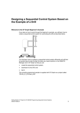 Designing a Sequential Control System Based on
the Example of a Drill


Welcome to the S7 Graph Beginner’s Example
              If you take an hour to work through the beginner’s example, you will learn how to
              create a sequential control system for automating the drill as described below.




              You first learn how to configure a sequential control system efficiently and will then
              be guided step by step through the tasks you need to perform in the SIMATIC
              Manager and in S7 Graph so that you can
              •    create the sequential control system,
              •    download it to the CPU and
              •    test it.
              The correctly programmed sample is supplied with S7 Graph as a project called
              "ZEn02_01_S7Graph_Drill".




Getting Started S7 Graph for S7-300/400 Programming Sequential Control Systems
A5E00178395-01                                                                                     3
 