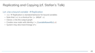 49
Replicating and Copying (cf. Stefan’s Talk)
Let x be a bound variable à Replication
▪ (x) à Replication is standard behavior for bound variables
▪ Note that (x) is a shortcut for (x GROUP x)
▪ Clones x into the output graph
▪ Creates new node with identity ! = # variableNameOf / , /
▪ System may also track lineage of x
 