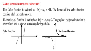 The Cube function is defined as f(x)=x3
, x R .Thedomainof the cube function
consistsofalltherealnumbers.
The reciprocal function is defined as: f(x) = 1/x, x ≠ 0. The graph of reciprocal function is
shown here and is known as rectangular hyperbola.
Cube Function Reciprocal Function
Cube and Reciprocal Function
 
