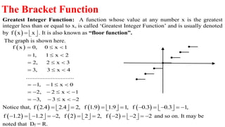 The Bracket Function
Greatest Integer Function: A function whose value at any number x is the greatest
integer less than or equal to x, is called ‘Greatest Integer Function’ and is usually denoted
by  f x x    . It is also known as “floor function”.
The graph is shown here.
 f x 0, 0 x 1
1, 1 x 2
2, 2 x 3
3, 3 x 4
.............................
1, 1 x 0
2, 2 x 1
3, 3 x 2
  
  
  
  
    
     
     
Notice that,      f 2.4 2.4 2, f 1.9 1.9 1, f 0.3 0.3 1,                  
     f 1.2 1.2 2, f 2 2 2, f 2 2 2                      and so on. It may be
noted that Df = R.
 
