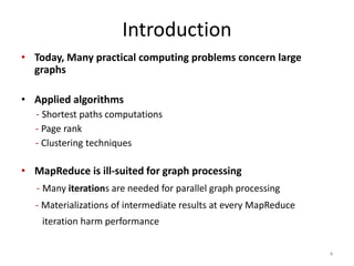 Introduction
• Today, Many practical computing problems concern large
graphs
• Applied algorithms
- Shortest paths computations
- Page rank
- Clustering techniques
• MapReduce is ill-suited for graph processing
- Many iterations are needed for parallel graph processing
- Materializations of intermediate results at every MapReduce
iteration harm performance
4
 