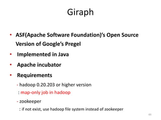 Giraph
• ASF(Apache Software Foundation)’s Open Source
Version of Google’s Pregel
• Implemented in Java
• Apache incubator
• Requirements
- hadoop 0.20.203 or higher version
: map-only job in hadoop
- zookeeper
: if not exist, use hadoop file system instead of zookeeper
60
 