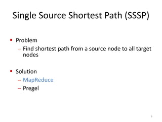 Single Source Shortest Path (SSSP)
 Problem
– Find shortest path from a source node to all target
nodes
 Solution
– MapReduce
– Pregel
9
 
